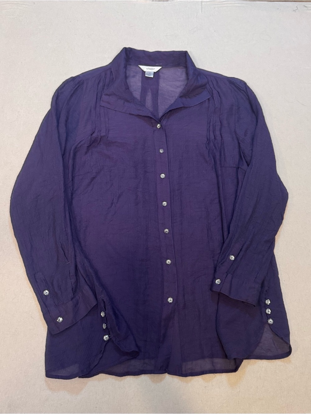 CJ Banks Sheer,Purple Crinkle Button-Down Shirt, embellished button, Romantic 1X